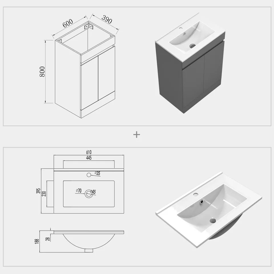Badmöbel Set Anthrazit 60 cm Waschbecken mit Unterschrank Waschtisch Badset