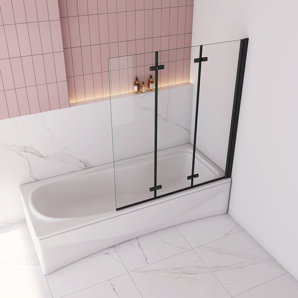 130x140 cm Badewannenaufsatz Badewannenfaltwand 6mm NANO Glas Faltwand Dusche Schwarz