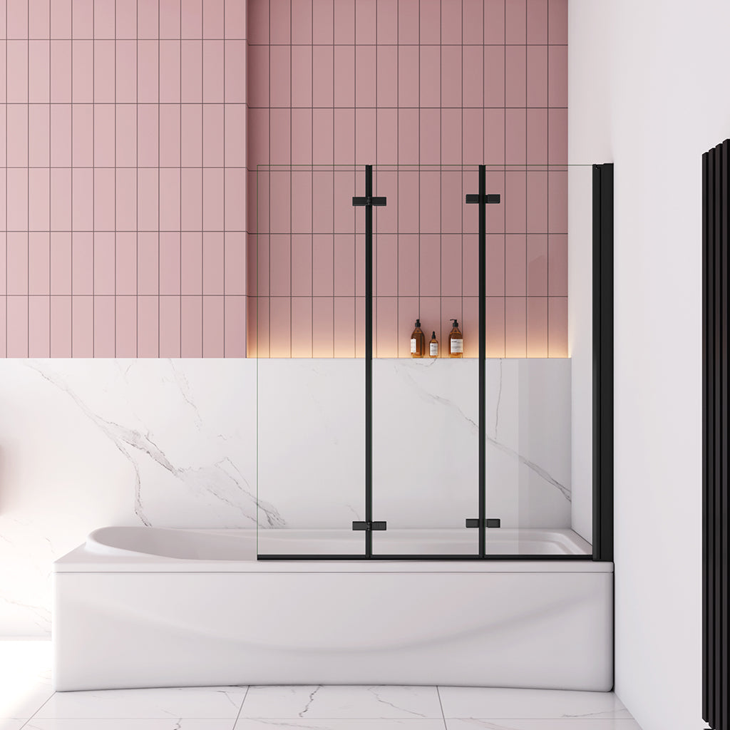130x140 cm Badewannenaufsatz Badewannenfaltwand 6mm NANO Glas Faltwand Dusche Schwarz