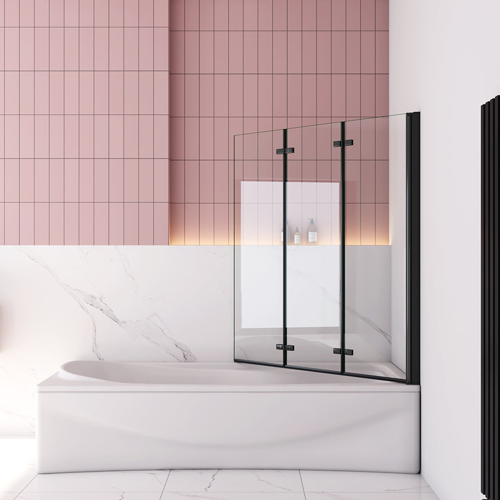 130x140 cm Badewannenaufsatz Badewannenfaltwand 6mm NANO Glas Faltwand Dusche Schwarz
