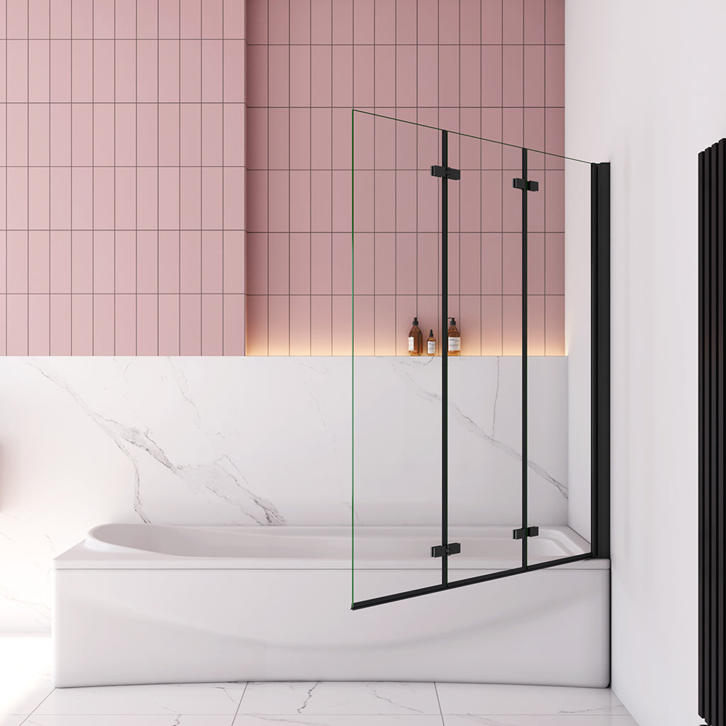 130x140 cm Badewannenaufsatz Badewannenfaltwand 6mm NANO Glas Faltwand Dusche Schwarz