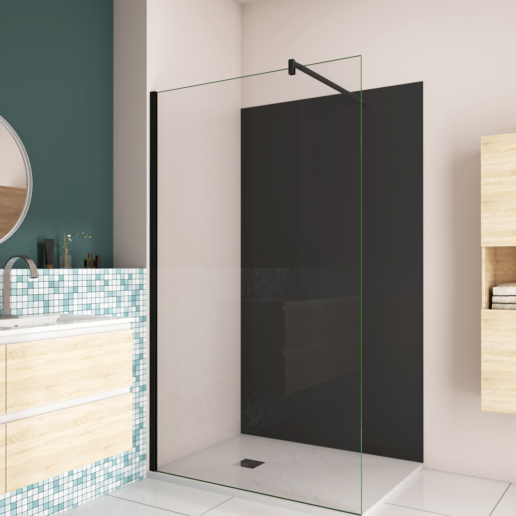 60 x H.200cm Duschwände aus 10mm NANO Glas  mit B.120 x H.210cm Alu-verbundplatte Mattschwarz Bad