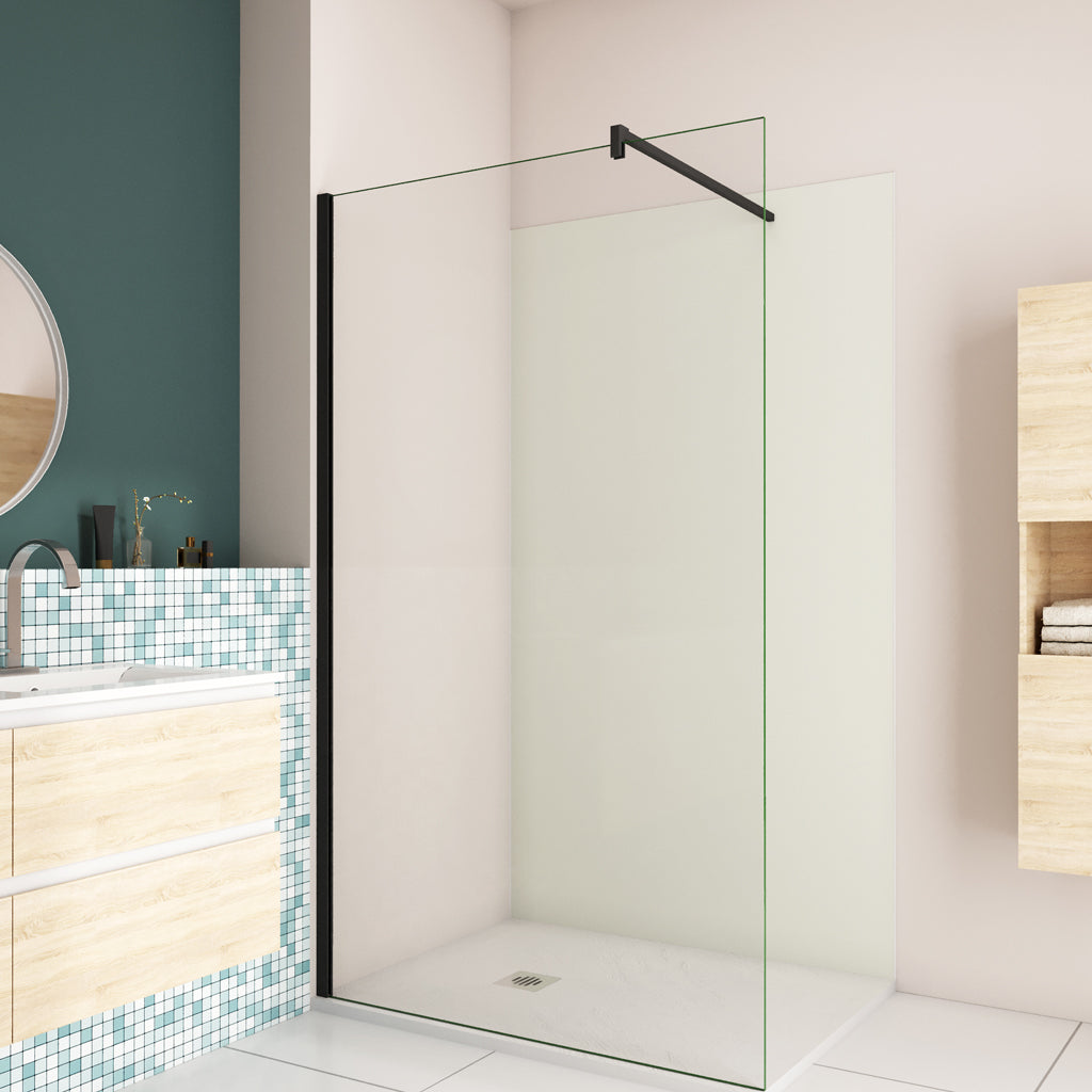 60 x H.200cm Duschwände aus 10mm NANO Glas  mit B.120 x H.210cm Alu-verbundplatte Elfenbeinweiß Bad