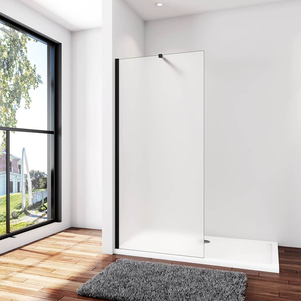 Duschkabine Duschwand 120 x H.200 cm 10mm Glas mit Glasschutzfolie Schwarz Stabistange 73-120 cm Duschhaus