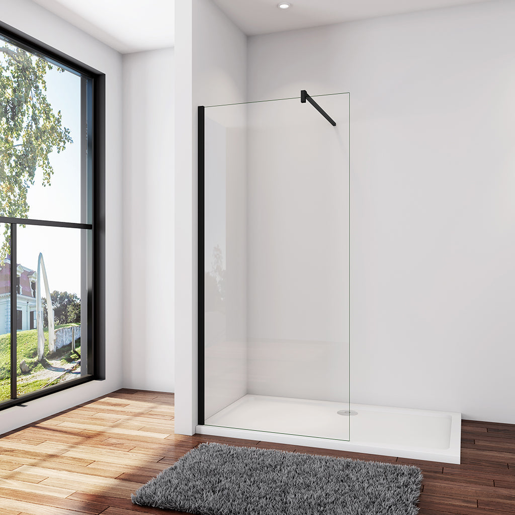 Walk In Duschwand Dusche 130 x H.200 cm 8mm NANO Glas Stabistange 140 cm Schwarz Duschhaus