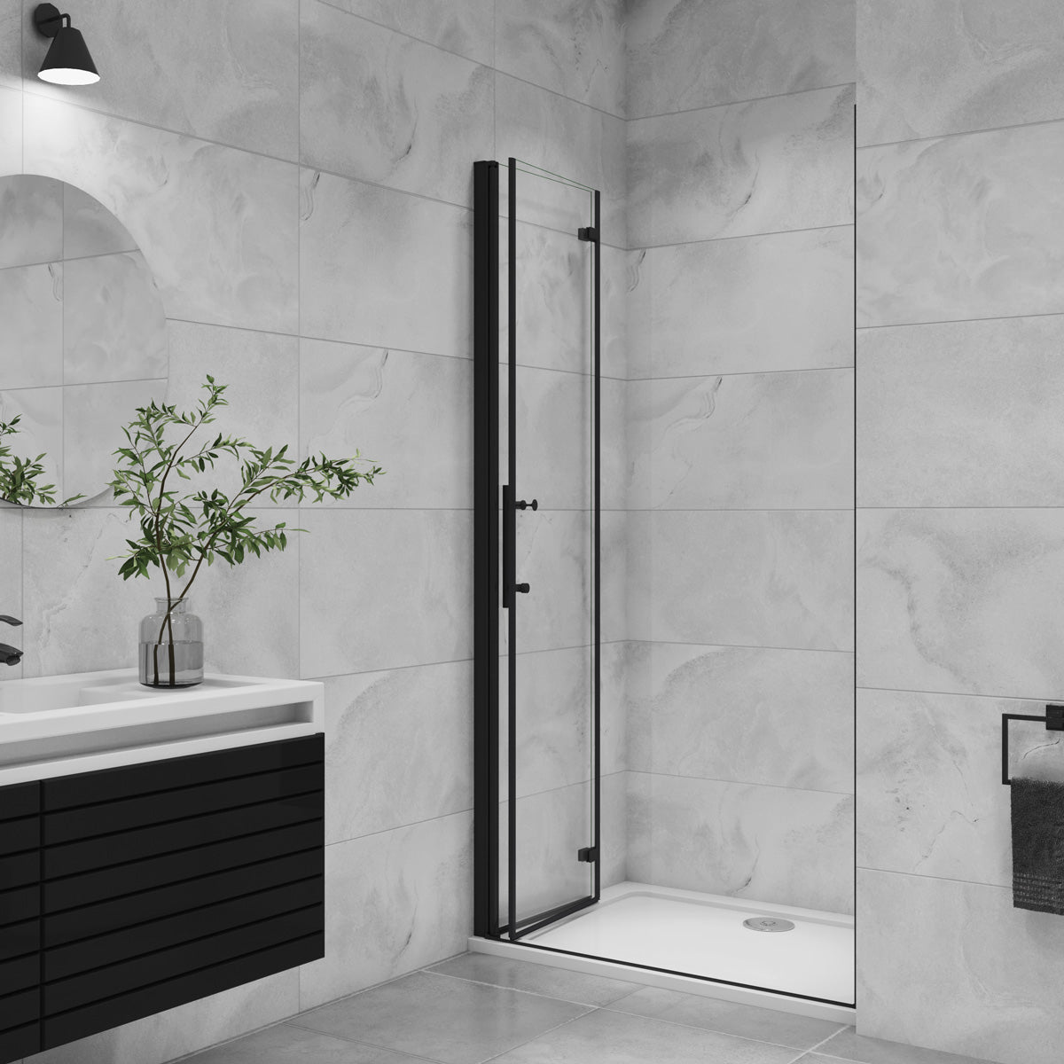 Nischentür 80 cm Höhe 195cm Faltbar+Drehbar schwarz Dusche Duschabtrennung