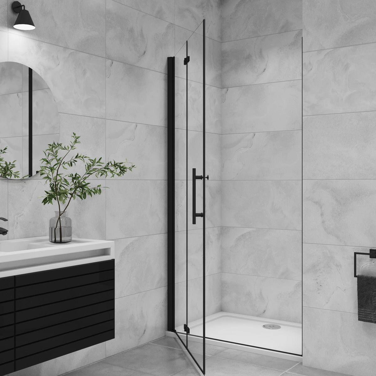 Nischentür 80 cm Höhe 195cm Faltbar+Drehbar schwarz Dusche Duschabtrennung