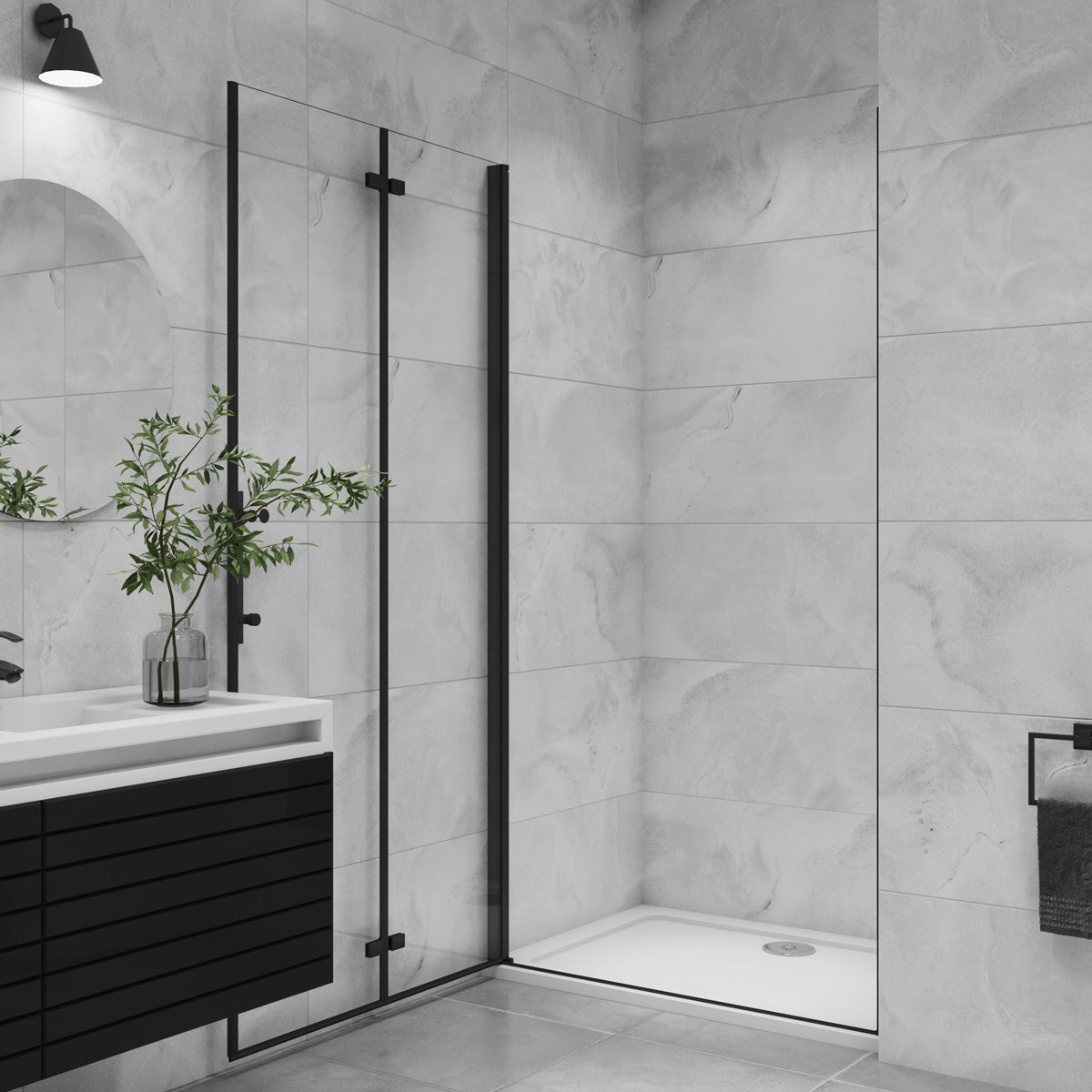 Nischentür Dusche Duschabtrennung schwarz 80 cm Höhe 195cm Faltbar+Drehbar