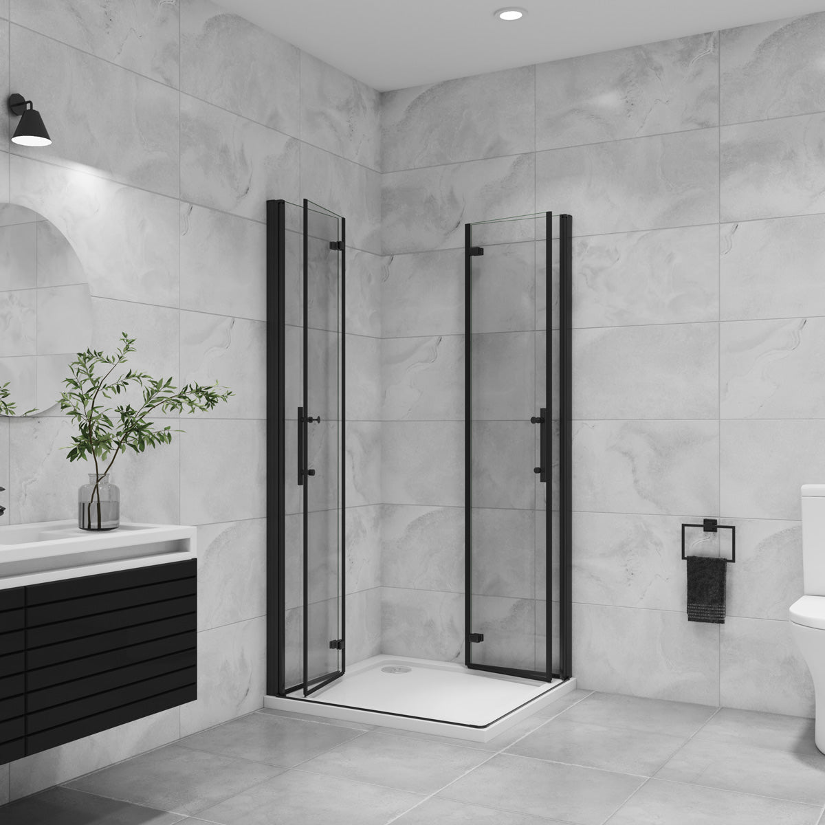 Eckeinstieg 100x100 cm Höhe 195cm Faltbar+Drehbar schwarz Dusche Duschabtrennung Duschkabine