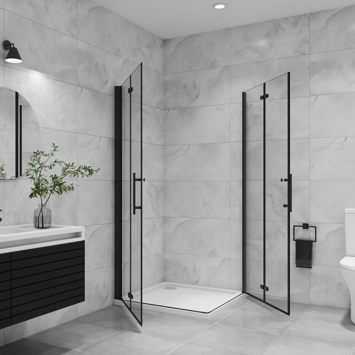 Eckeinstieg Dusche Duschabtrennung 100x100 cm Höhe 195cm Faltbar+Drehbar schwarz Duschkabine