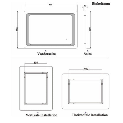 LED Badspiegel mit Touch-Schalter und Beschlagfrei 70x50 cm
