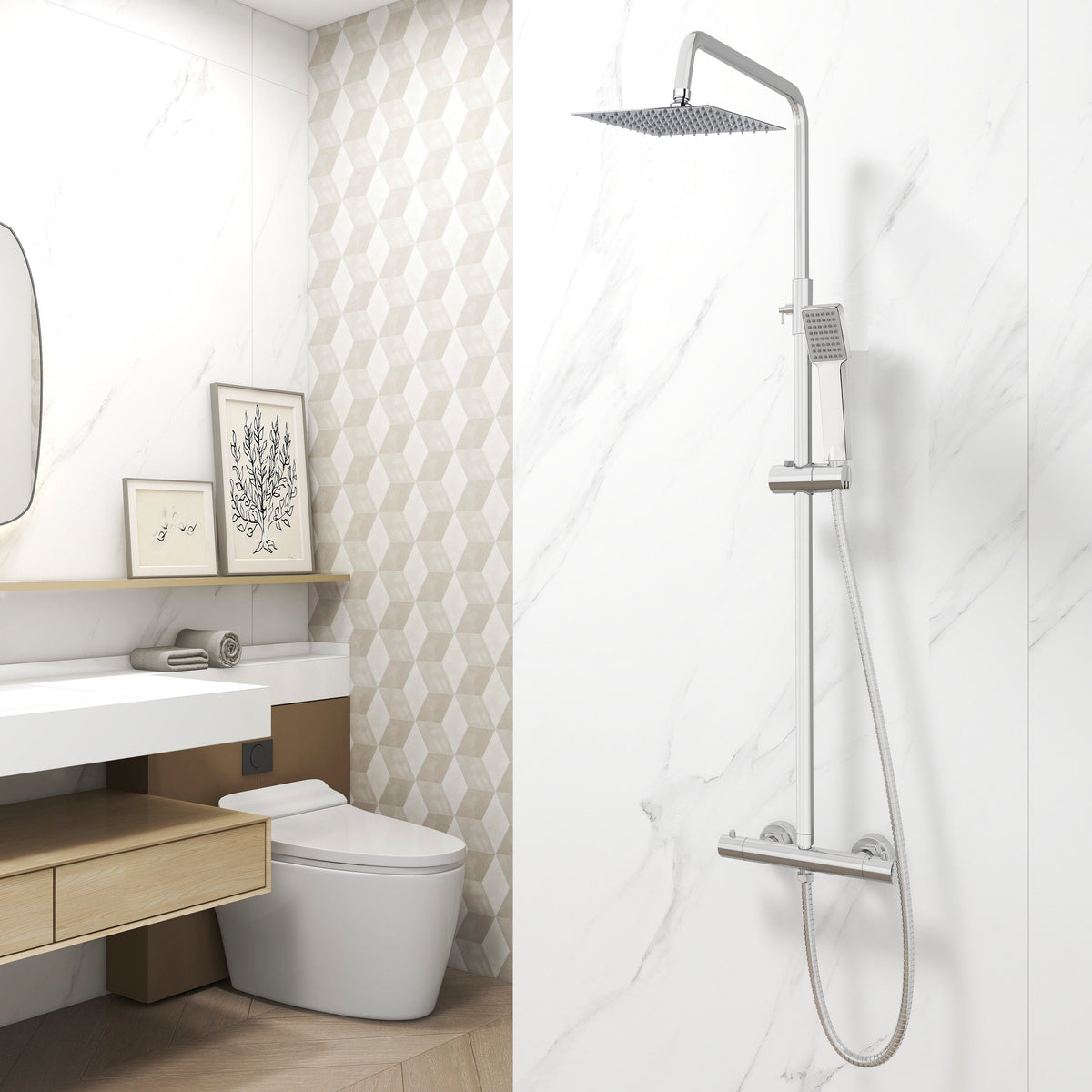 Duschsystem mit Thermostat und Handbrause Regendusche, Höhe 85-125 cm, – Duschhaus GmbH