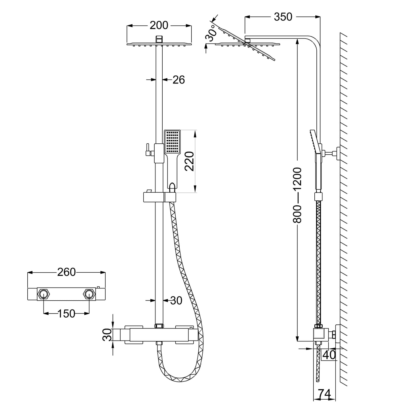 Duschsystem mit Thermostat und Handbrause Regendusche, Höhe 80-120 cm, Silber, Komplett-Set