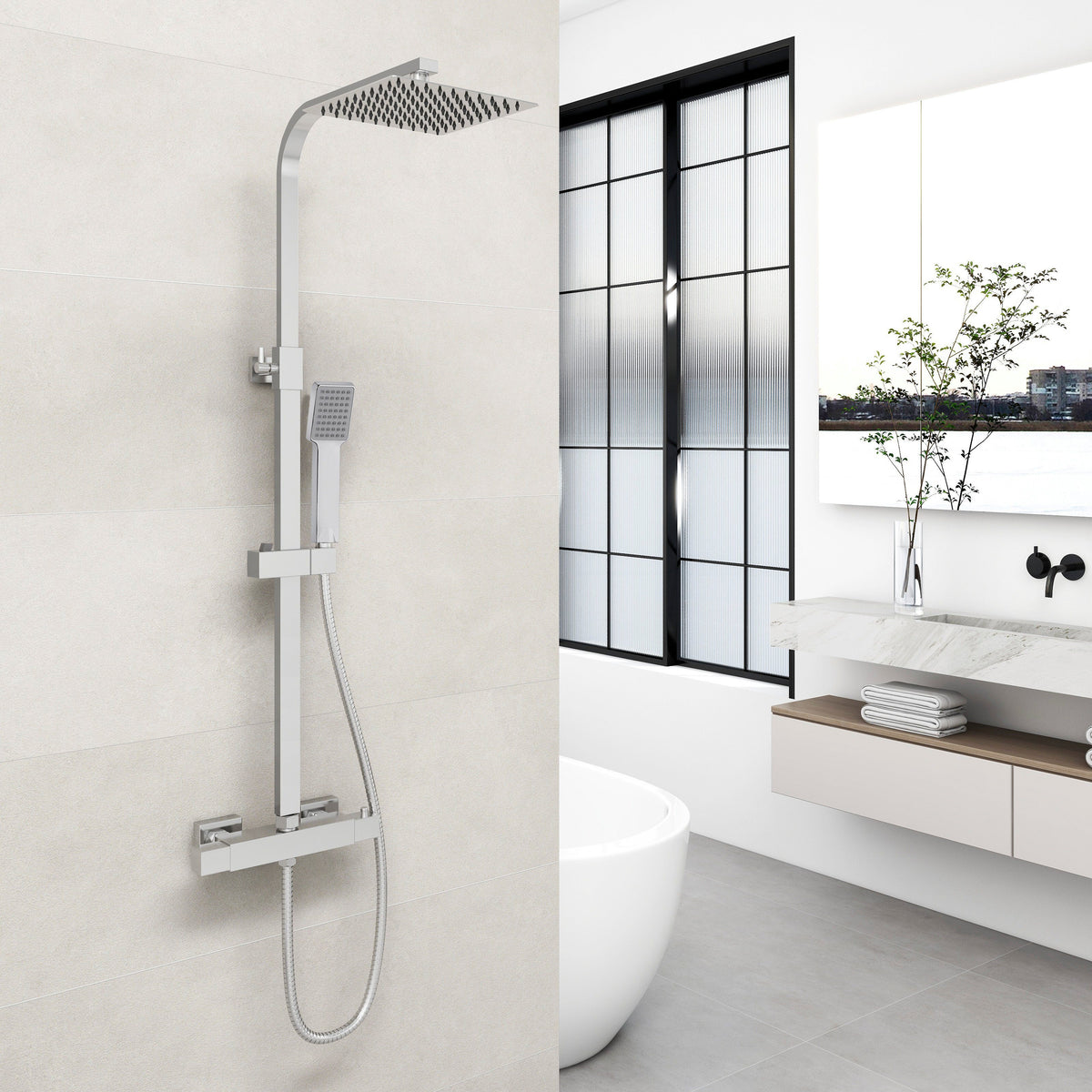 Duschsystem mit Thermostat und Handbrause Regendusche, Höhe 80-120 cm, – Duschhaus GmbH