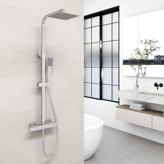 Duschsystem mit Thermostat und Handbrause Regendusche, Höhe 80-120 cm, Silber, Komplett-Set