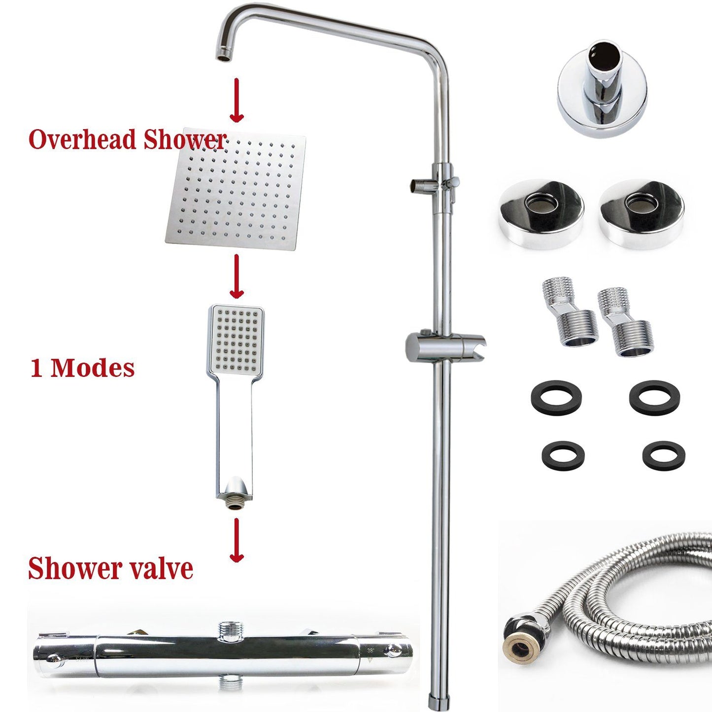 Duschsystem mit Thermostat und Handbrause Regendusche, Höhe 85-125 cm, Komplett-Set, mit 360° drehenbarem Regenduschkopf und höhenverstellbar Duschstange