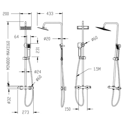 Duschsystem mit Thermostat und Handbrause Regendusche, Höhe 85-125 cm, Komplett-Set, mit 360° drehenbarem Regenduschkopf und höhenverstellbar Duschstange