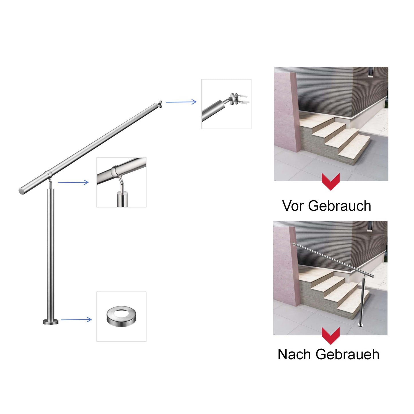 Eingangsgeländer Silber, Wandhandlauf, Geländer Edelstahl Handlauf, Treppengeländer