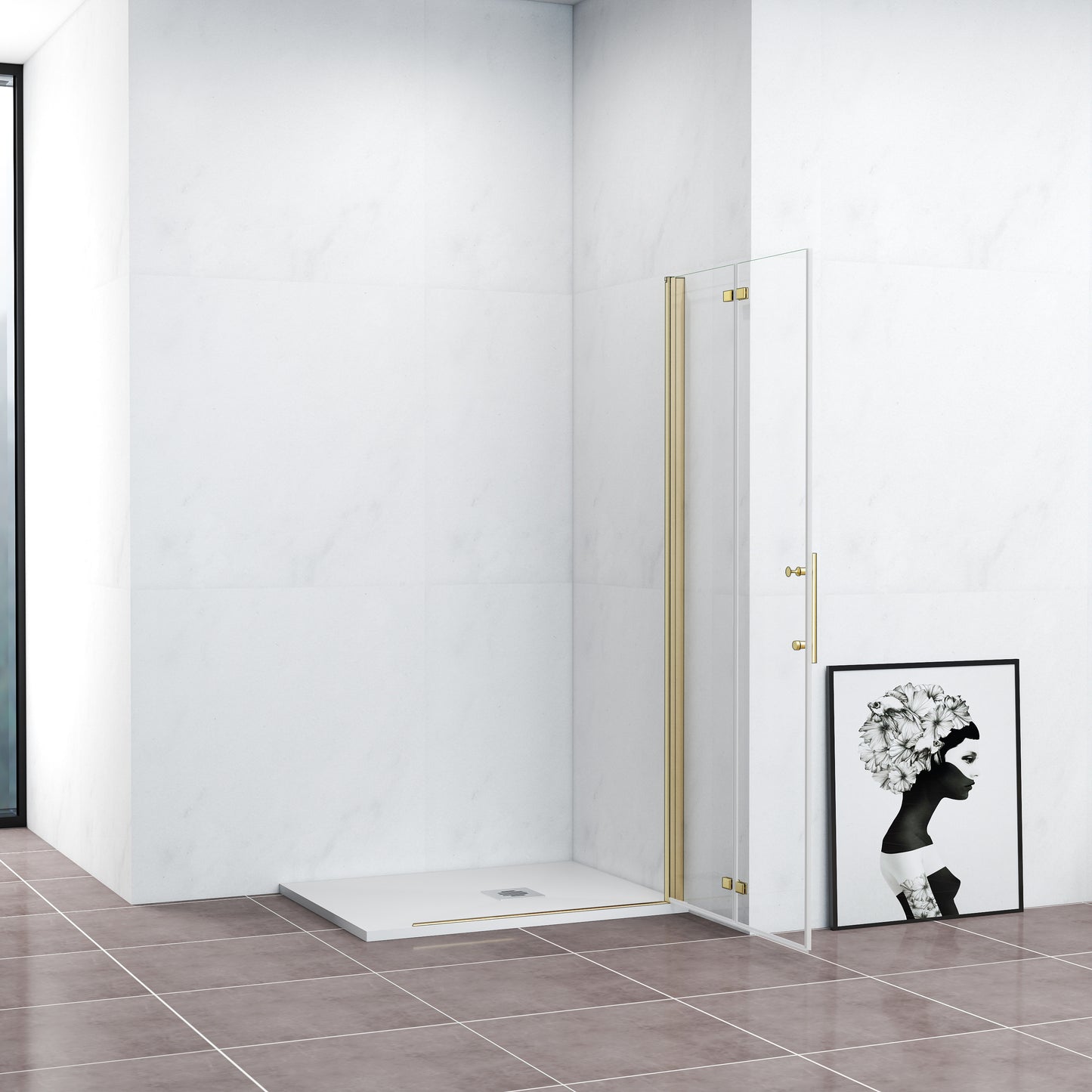 Walk-In Duschwand Faltbar+Drehbar Duschabtrennung Duschtür Goldfarben Dusche 76 x H.195 cm NANO Glas