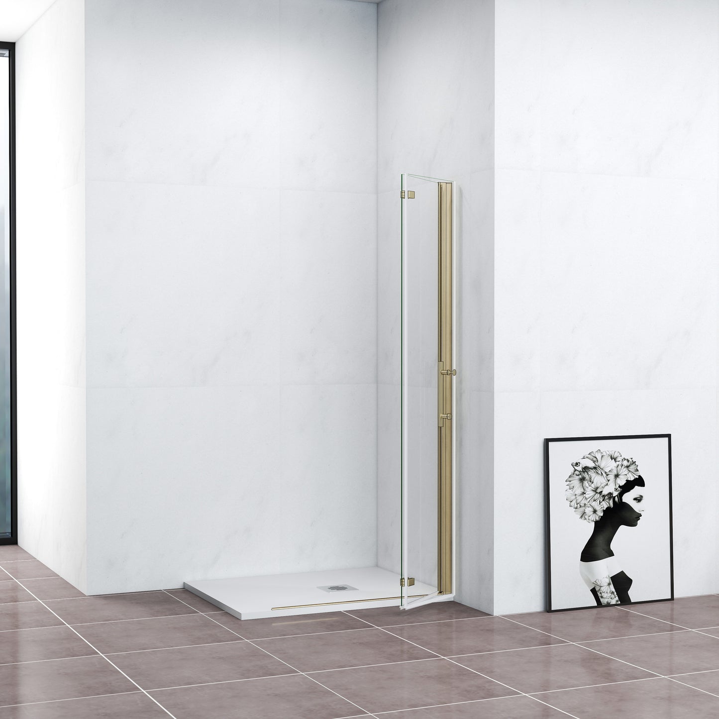 Walk-In Duschwand Faltbar+Drehbar Duschabtrennung Duschtür Goldfarben Dusche 76 x H.195 cm NANO Glas