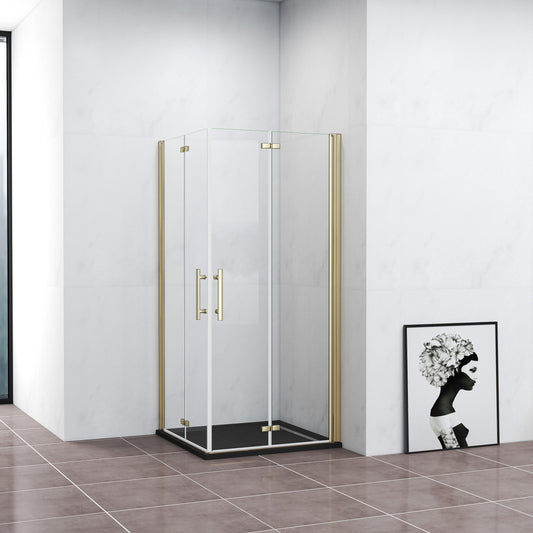 Duschkabine Eckeinstieg Dusche 110x110 cm Duschabtrennung Goldfarben Falttür NANO Glas 195cm