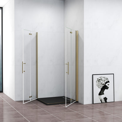 Duschkabine Eckeinstieg Dusche 90x90 cm Duschabtrennung Goldfarben Falttür NANO Glas 195cm