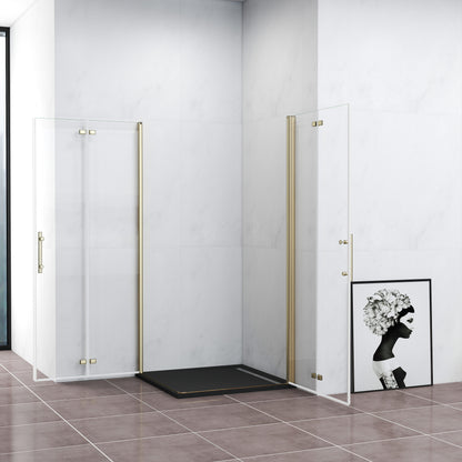 Duschkabine Eckeinstieg Dusche 90x90 cm Duschabtrennung Goldfarben Falttür NANO Glas 195cm