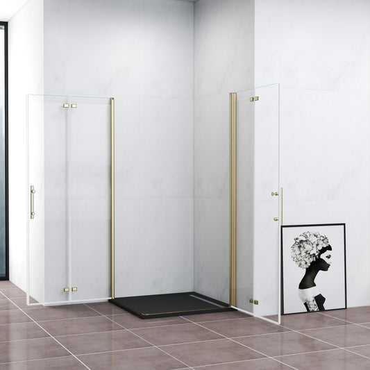 Duschkabine Eckeinstieg Dusche 120x120 cm Duschabtrennung Goldfarben Falttür NANO Glas 195cm