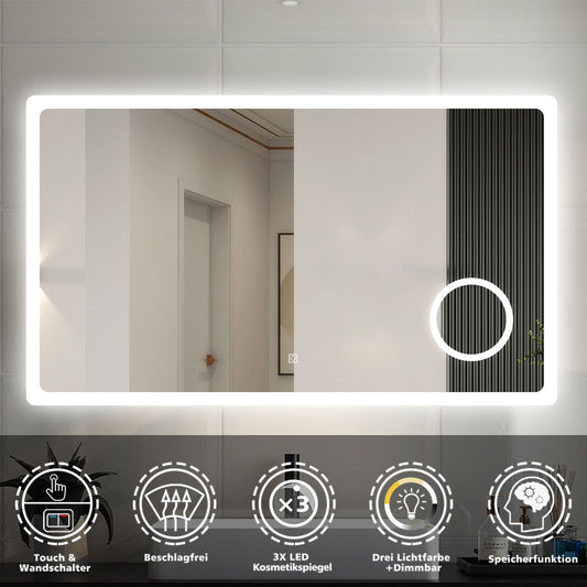 120x70 cm Badspiegel LED Beleuchtung Kalt/Neutral/Warmweiß Dimmbar Beschlagfrei, 3x LED Schminkspiegel+Touch+Wandschalter