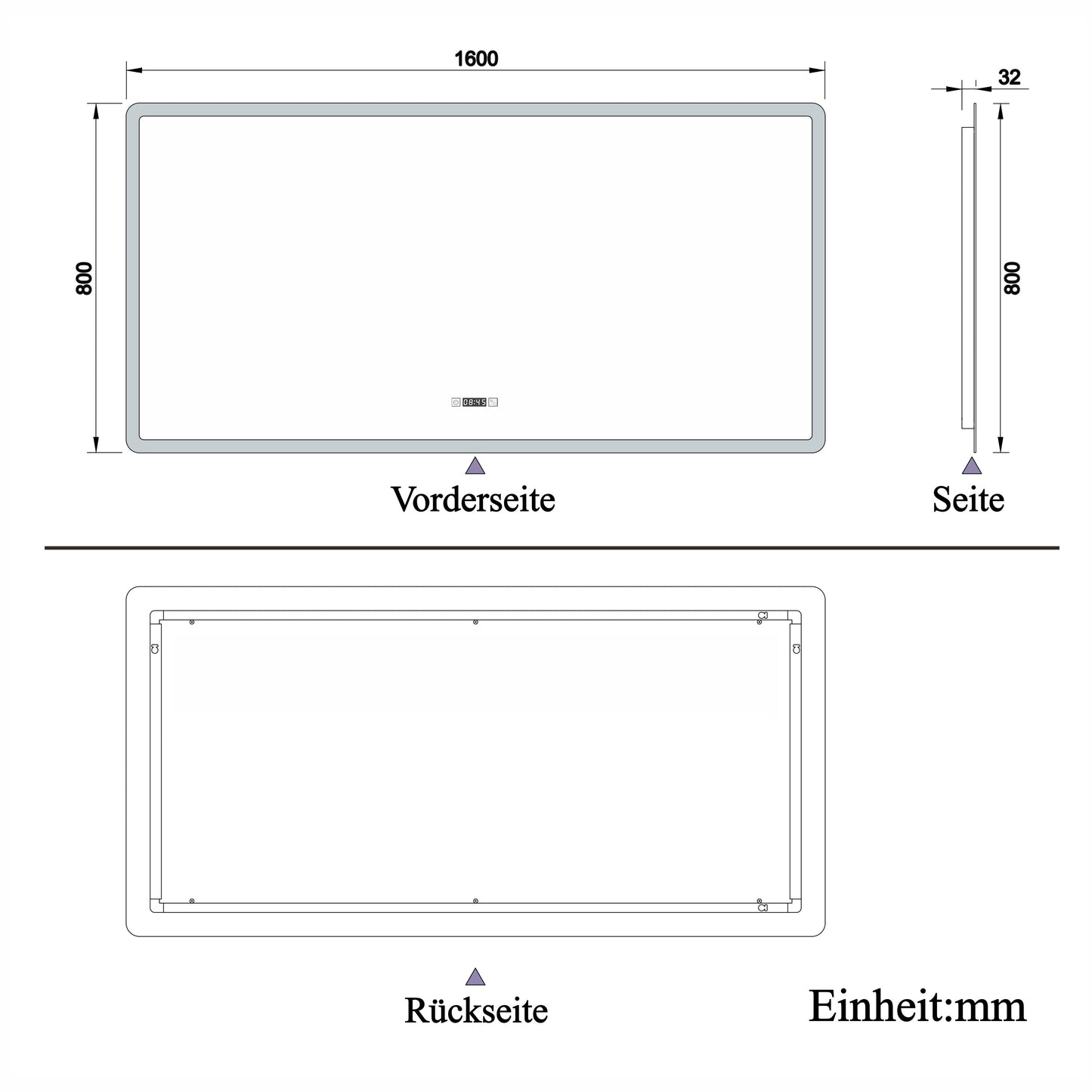 Badspiegel 160x80 cm Touch, Beschlagfrei, energiesparend, Digital-Uhr