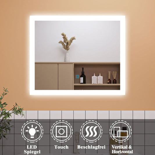 Badezimmerspiegel Wandspiegel 60x50 cm LED Spiegel mit TOUCH Beheizt Badspiegel Kaltweiß Licht beschlagfrei