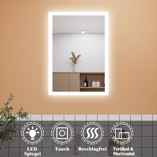 Badezimmerspiegel Wandspiegel 70x50 cm LED Spiegel mit TOUCH Beheizt Badspiegel Kaltweiß Licht beschlagfrei