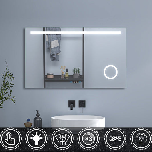 LED Badspiegel 100×70cm Wandspiegel mit Uhr, Touch, Beschlagfrei,3-Fach Vergrößerung Schminkspiegel IP44 Kaltweiß energiesparend