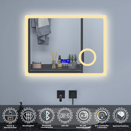 Badspiegel 80x60 cm Uhr+Beschlagfrei+3xSchminkspiegel+Kalt/Neutral/Warmweiß+Bluetooth