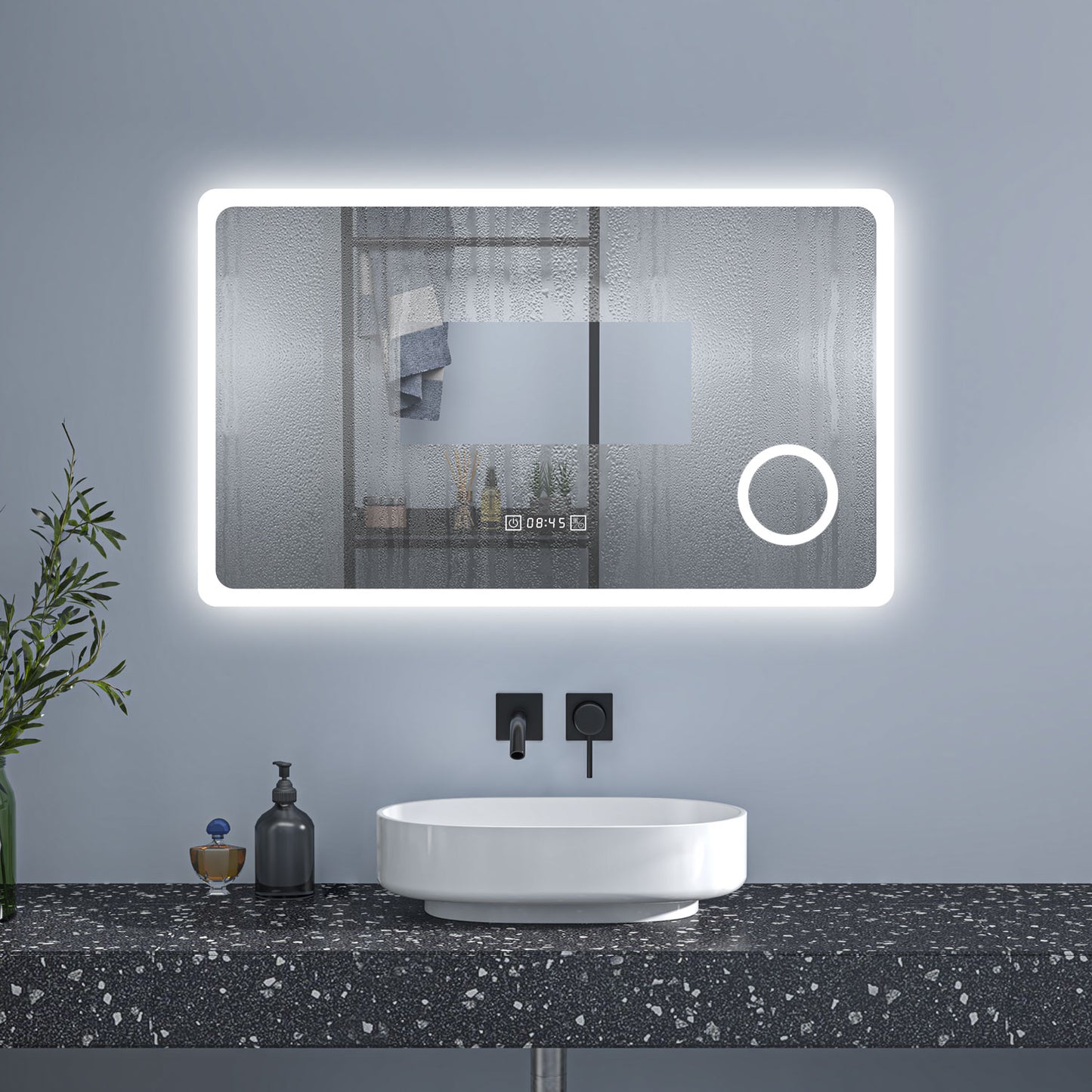 Badspiegel 120x70cm+3 Lichtfarbe+Uhr+Beschlagfrei+3-Fach Schminkspiegel+dimmbar