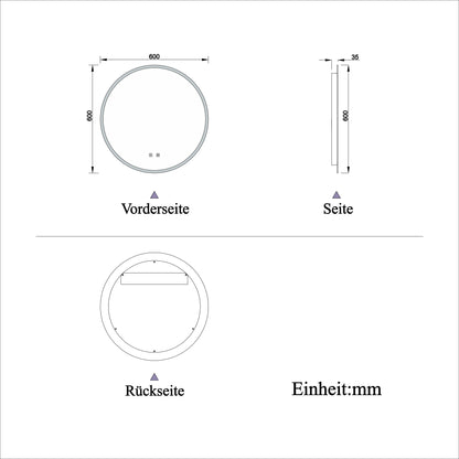 Badspiegel Badezimmerspiegel Rund Spiegel mit LED Beleuchtung, Φ 60 cm