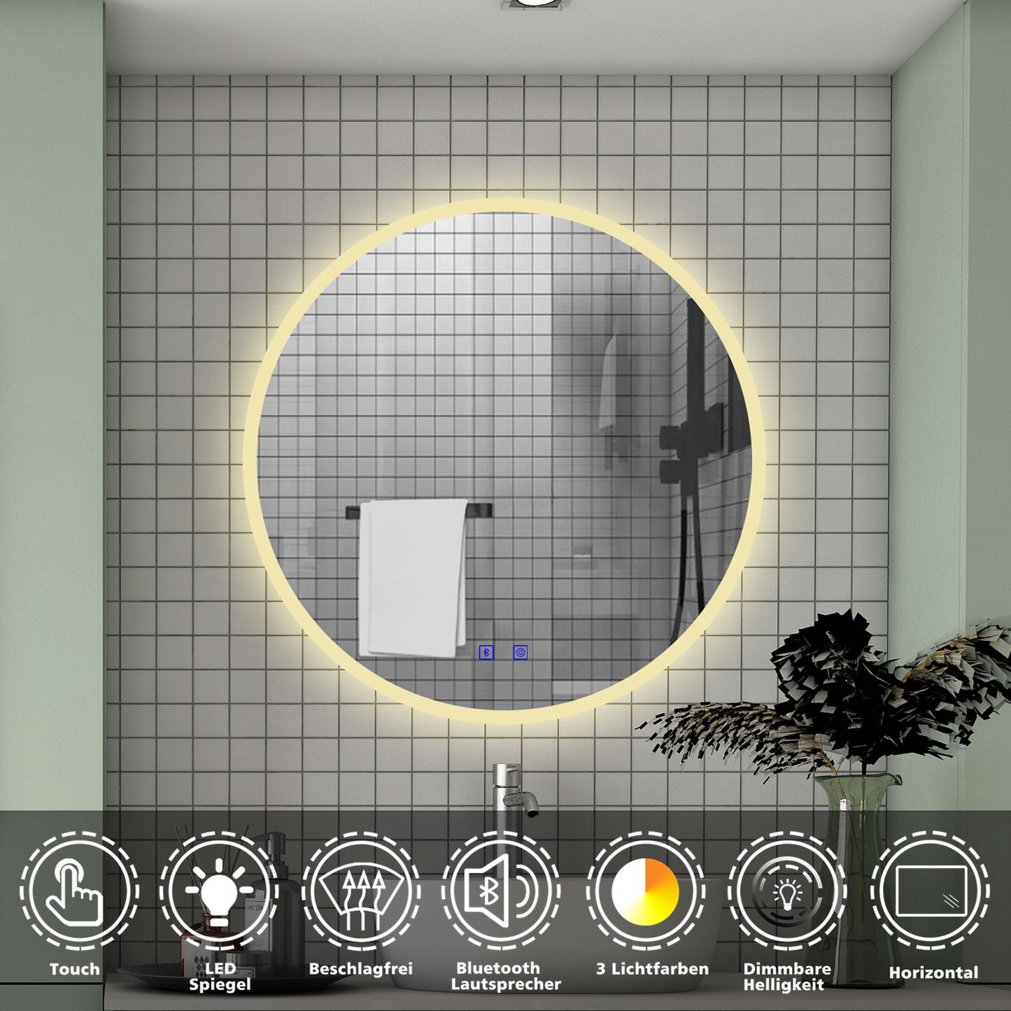 Badspiegel Badezimmerspiegel Rund Spiegel mit LED Beleuchtung, Φ 70 cm