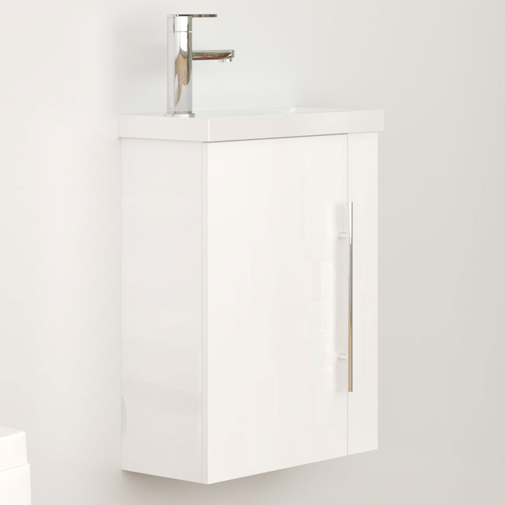Waschtisch 45 cm Waschbecken mit Unterschrank Gäste WC Badmöbel Set klein Loft Hochglanz Weiß