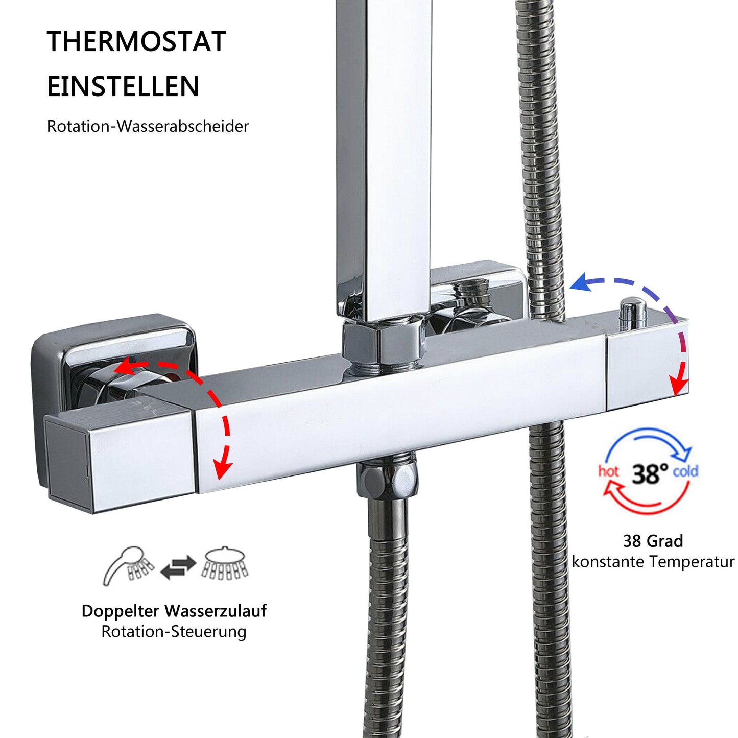 Duschsystem mit Thermostat und Handbrause Regendusche, Höhe 80-120 cm, Silber, Komplett-Set