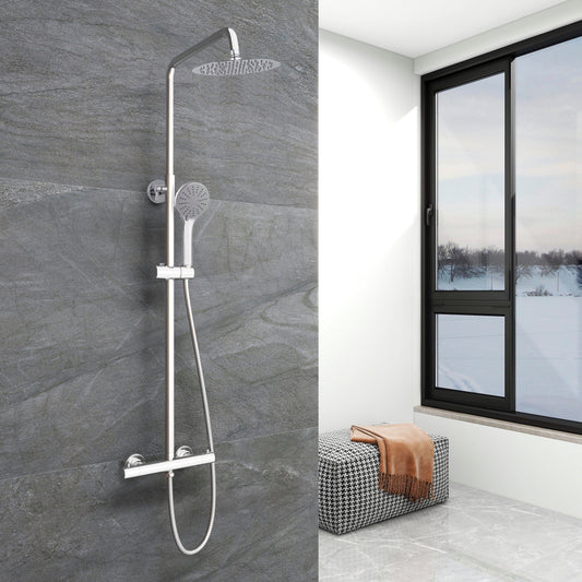 Duschsystem mit Thermostat und Handbrause Regendusche, Höhe 80-116 cm, 5 Strahlart(en), Komplett-Set, mit 360° drehenbarem Regenduschkopf und höhenverstellbar Duschstange
