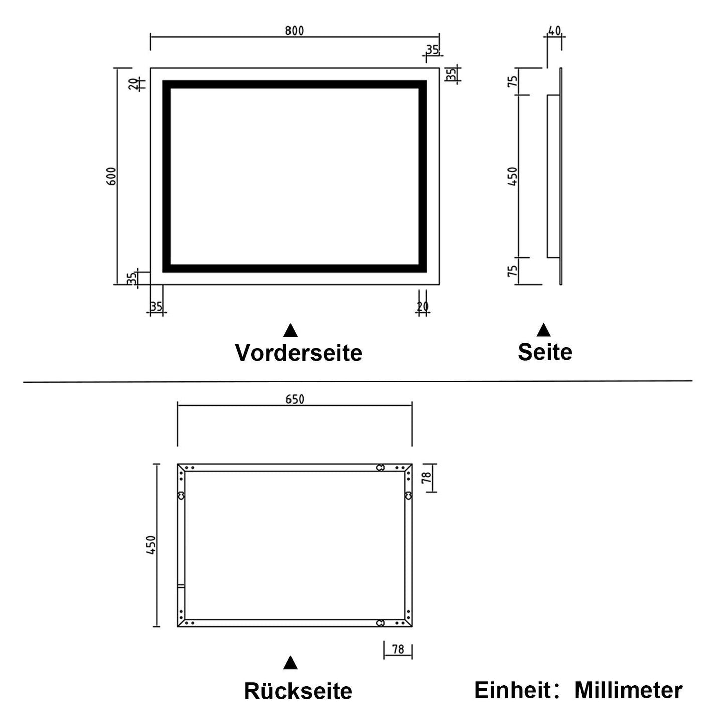 Badspiegel mit LED Beleuchtung 80x60 cm Touch LED Spiegel+Beschlagfrei