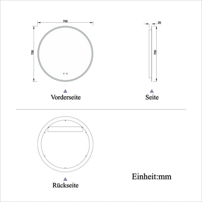 Badspiegel Rund Badezimmerspiegel Wandspiegel mit LED Beleuchtung Beschlagfrei Ø 70 cm