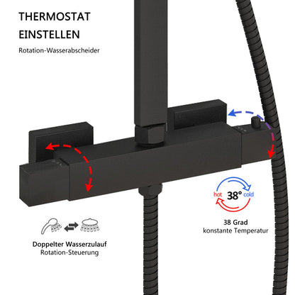 Duschsystem mit Thermostat und Handbrause Regendusche, Höhe 80-120 cm, Komplett-Set, mit 360° drehenbarem Regenduschkopf und höhenverstellbar Duschstange