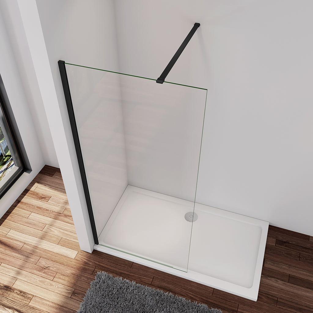 Walk In Dusche Duschwand 110 x H.200 cm 8mm NANO Glas Schwarz Stabistange 140 cm Duschhaus