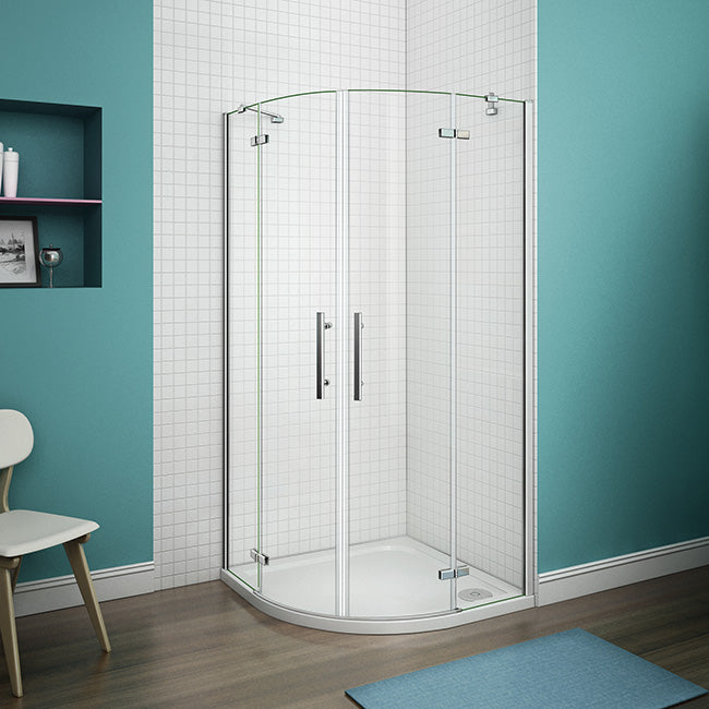 Duschkabine Viertelkreis Duschabtrennung Glas Runddusche Pendeltüren NANO ESG Rahmenlos H.195cm - 80x80 cm
