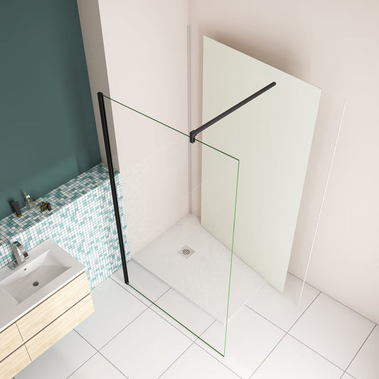 Freistehende Duschwand 100 x H.200cm 10mm NANO Glas mit B.120 x H.210cm Alu-verbundplatte Elfenbeinweiß Bad