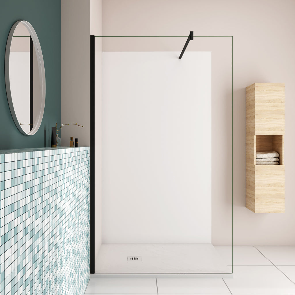 Trennwand für Walk-in Dusche 110 x H.200cm 8mm NANO Glas mit B.120 x H.210cm Alu-verbundplatte Mattweiß Bad