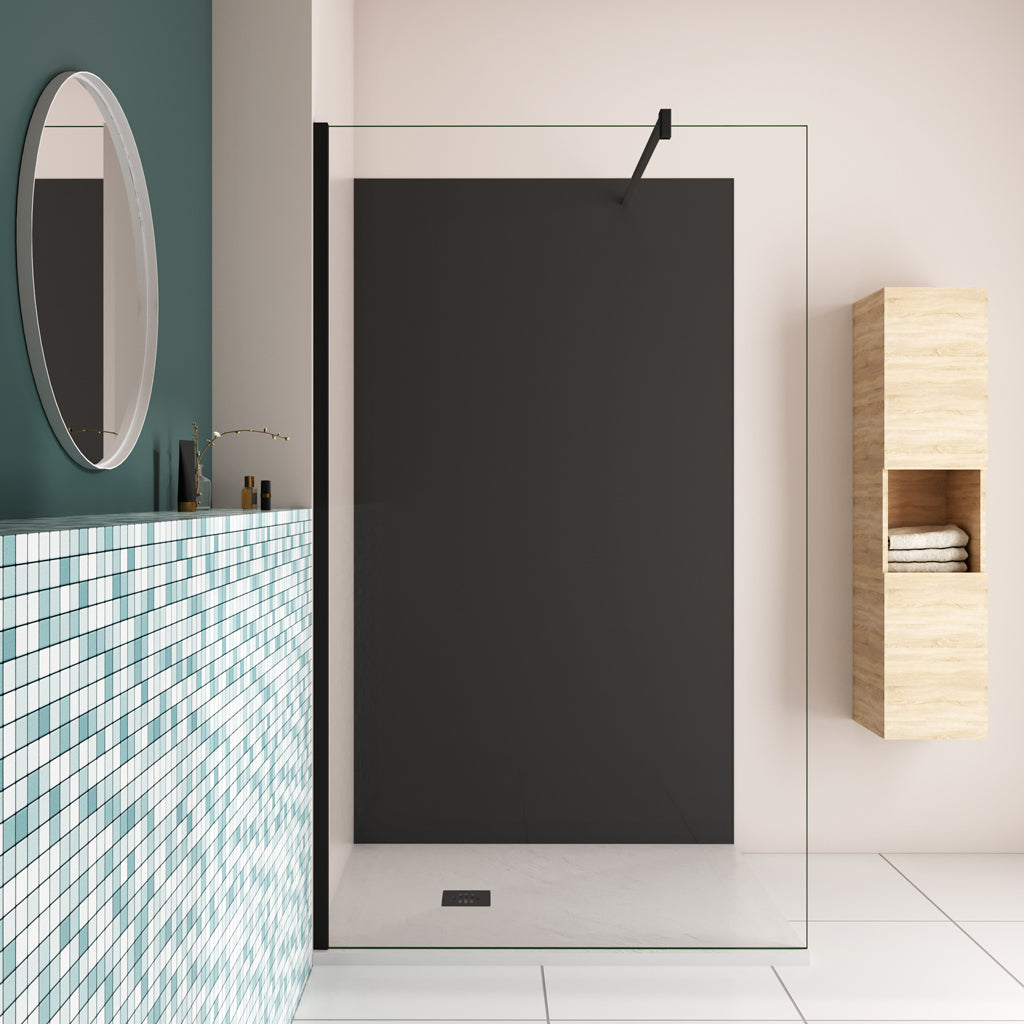 110 x H.200cm Walk-In-Dusche schwarz Profil 8mm NANO Glas mit B.120 x H.210cm Alu-verbundplatte Mattschwarz Bad