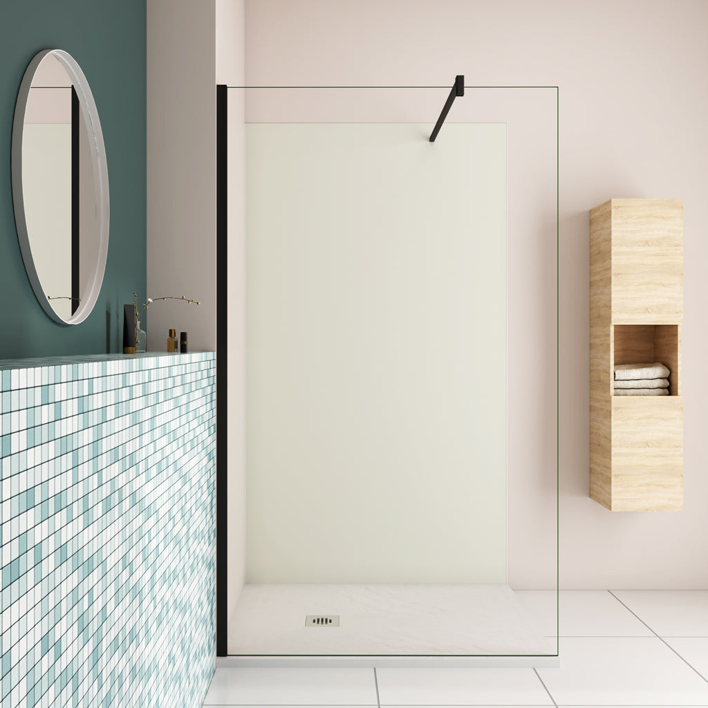 110 x H.200cm Walk-In-Dusche schwarz Profil 8mm NANO Glas mit B.120 x H.210cm Alu-verbundplatte Elfenbeinweiß Bad