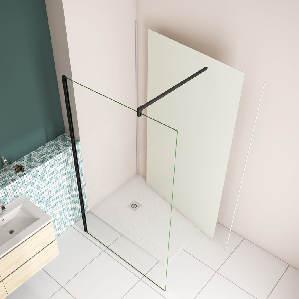 Freistehende Duschwand 120 x H.200cm 10mm NANO Glas mit B.120 x H.210cm Alu-verbundplatte Mattweiß Bad